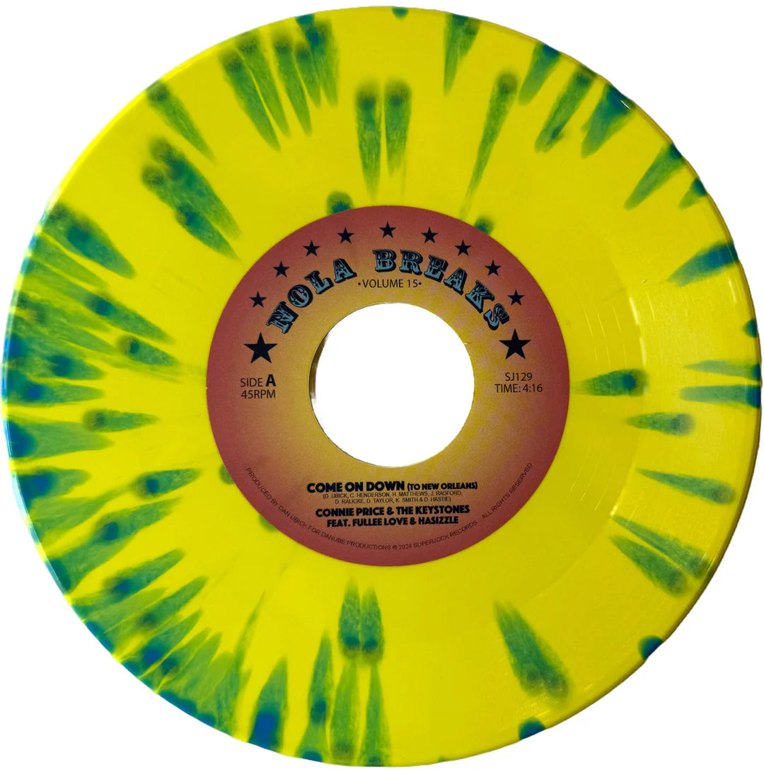 Connie Price & The Keystones ft. Fullee Love (aka Soup of Jurassic 5) + Hasizzle - Come On Down (To New Orleans) b/w Come On Down (To New Orleans) (Professor Shorthair Bounce Remix) 7-Inch (Yellow / Blue Splatter)